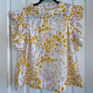 JODIFL Yellow and Pink Abstract Ruffle Sleeve Blouse
